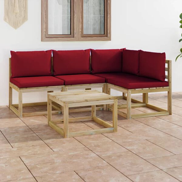 vidaXL 5-tlg. Garten-Lounge-Set mit Weinroten Kissen