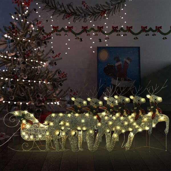 vidaXL Rentier mit Schlitten Weihnachtsdekoration 140 LEDs Golden