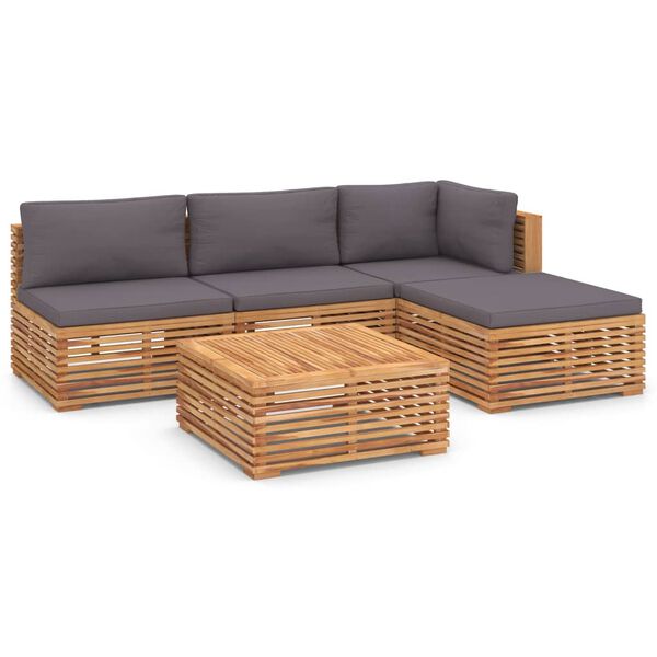 vidaXL 5-tlg. Garten-Lounge-Set mit Dunkelgrauen Kissen Teakholz