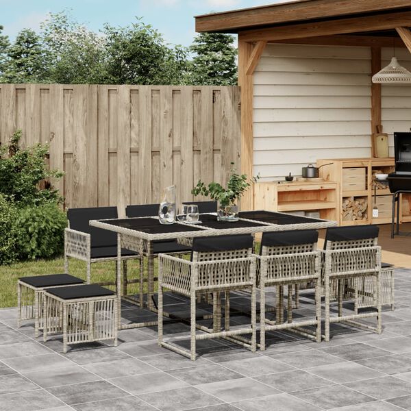 vidaXL 11-tlg. Garten-Essgruppe mit Kissen Hellgrau Poly Rattan