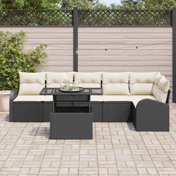 vidaXL Garten-Sofa-Set mit Kissen 7 pcs Schwarz und Creme Poly-Rattan
