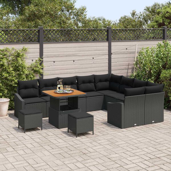 vidaXL Gartensofa-set mit Kissen 12 pcs Schwarz Poly Rattan