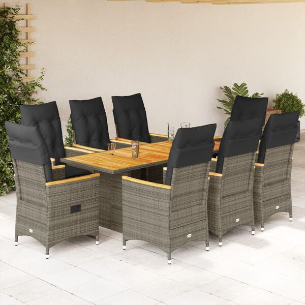 vidaXL 9-tlg. Garten-Essgruppe mit Kissen Grau Poly Rattan