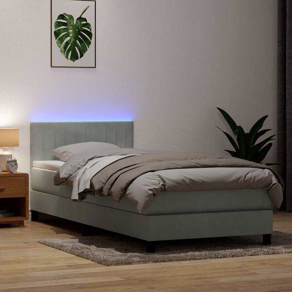 vidaXL Boxspringbett mit Matratze & LED Hellgrau 90x220 cm Samt