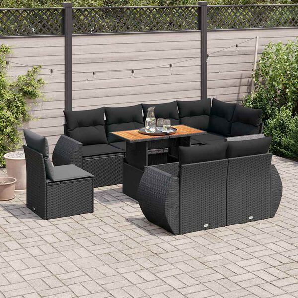 vidaXL 9-tlg. Garten-Sofagarnitur mit Kissen Schwarz Poly Rattan