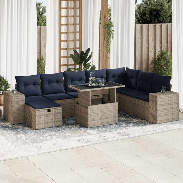 vidaXL 9-tlg. Garten-Sofagarnitur mit Kissen Braun Poly Rattan Akazie