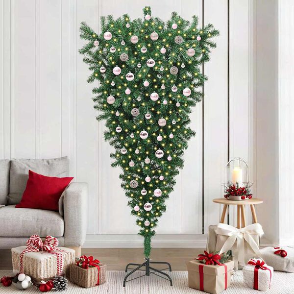 vidaXL Umgedrehter Kunst Weihnachtsbaum mit Kugelset Gr&uuml;n 210 cm PVC