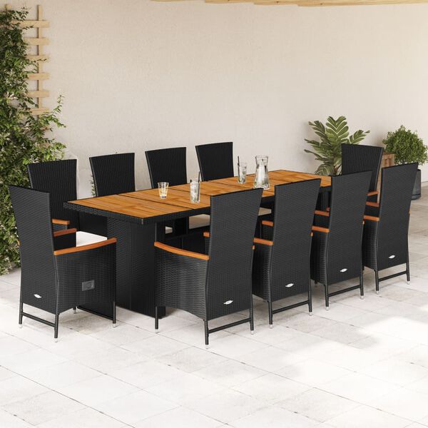 vidaXL 11-tlg. Garten-Essgruppe mit Kissen Schwarz Poly Rattan