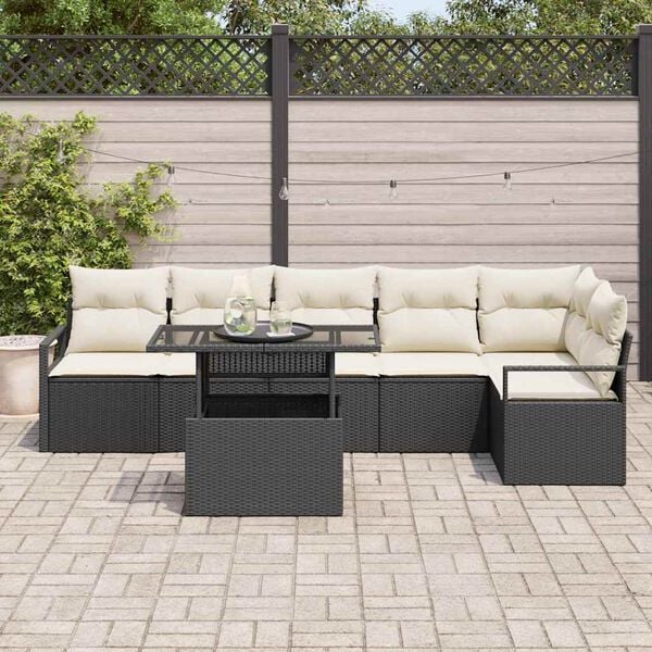 vidaXL Garten-Sofa-Set mit Kissen 7 pcs Schwarz Poly Rattan