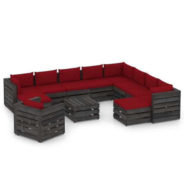 vidaXL 12-tlg. Garten-Lounge-Set mit Kissen Grau Impr&auml;gniertes Holz