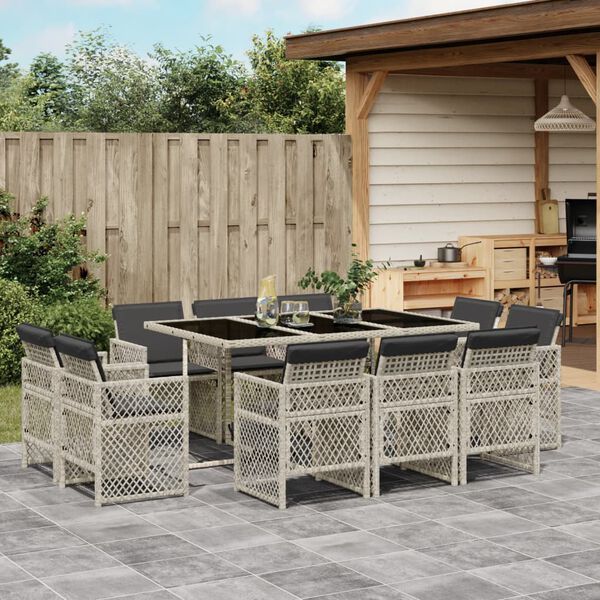 vidaXL 11-tlg. Garten-Essgruppe mit Kissen Hellgrau Poly Rattan