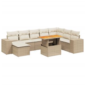 vidaXL 9-tlg. Garten-Sofagarnitur mit Kissen Beige Poly Rattan