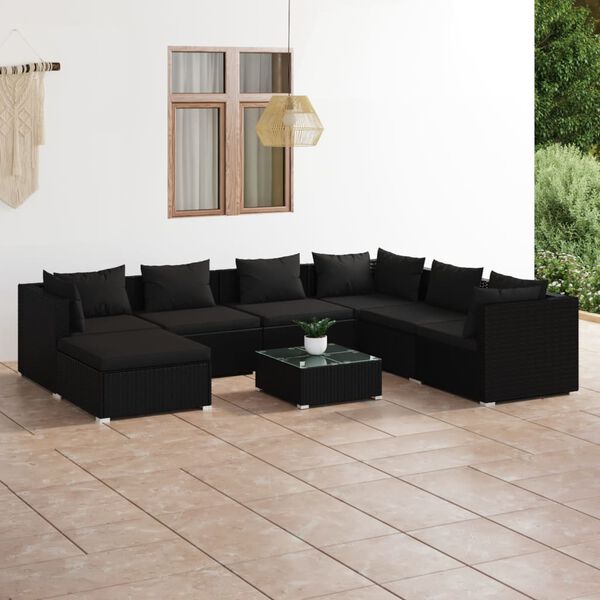 vidaXL 8-tlg. Garten-Lounge-Set mit Kissen Poly Rattan Schwarz
