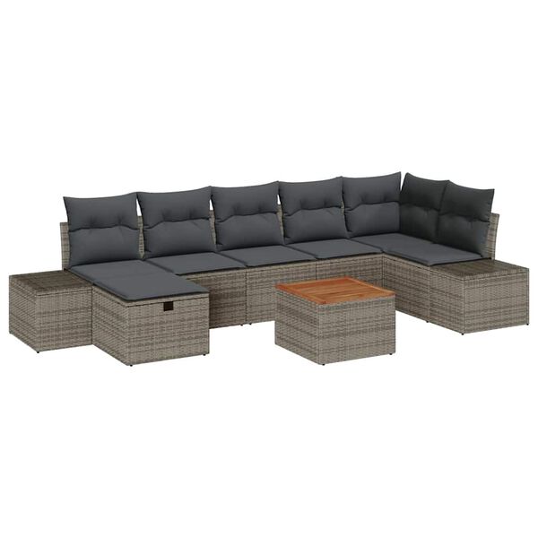 vidaXL Garten-Sofa-Set mit Kissen mit Speicher 8 pcs Grau Poly Rattan