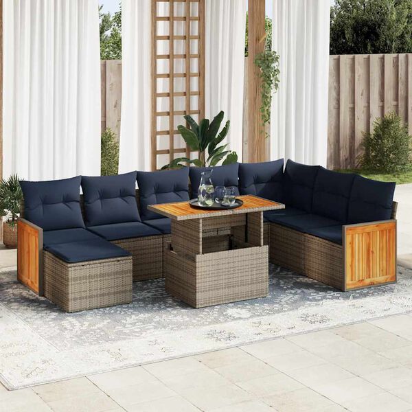 vidaXL 11-tlg. Garten-Sofagarnitur mit Kissen Grau Poly Rattan Akazie