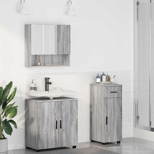 vidaXL Badezimmerm&ouml;bel-Set 3 pcs Graues Sonoma Holzwerkstoff & Metall