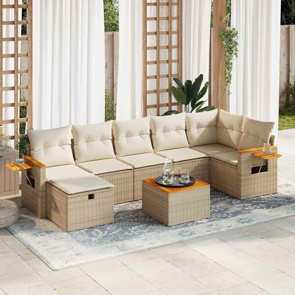 vidaXL 7-tlg. Garten-Sofagarnitur mit Kissen Beige Poly Rattan