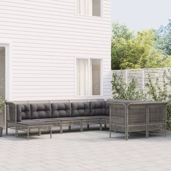 vidaXL 10-tlg. Garten-Lounge-Set mit Kissen Grau Poly Rattan