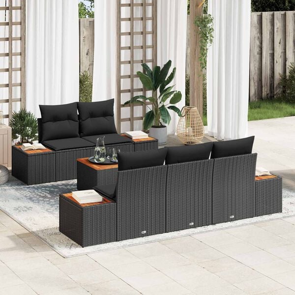 vidaXL Garten-Sofa-Set mit Kissen 6 pcs Schwarz Poly Rattan