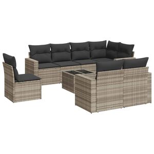 vidaXL 9-tlg. Garten-Sofagarnitur mit Kissen Hellgrau Poly Rattan
