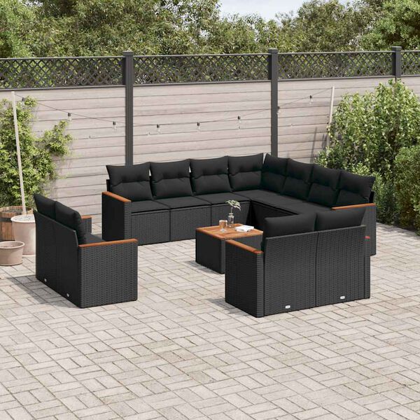 vidaXL 12-tlg. Garten-Sofagarnitur mit Kissen Schwarz Poly Rattan