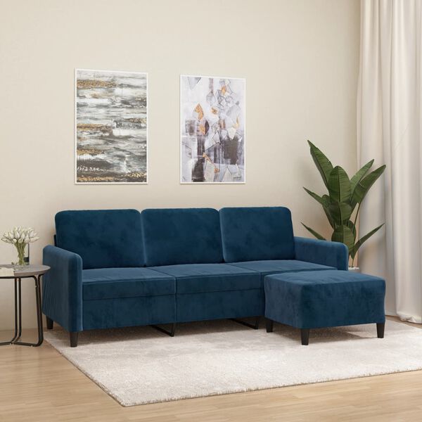 vidaXL 3-Sitzer-Sofa mit Hocker Blau 180 cm Samt