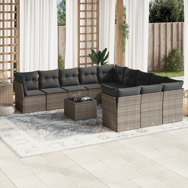 vidaXL 12-tlg. Garten-Sofagarnitur mit Kissen Grau Poly Rattan