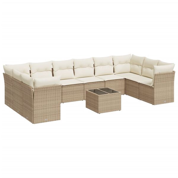vidaXL 11-tlg. Garten-Sofagarnitur mit Kissen Beige Poly Rattan