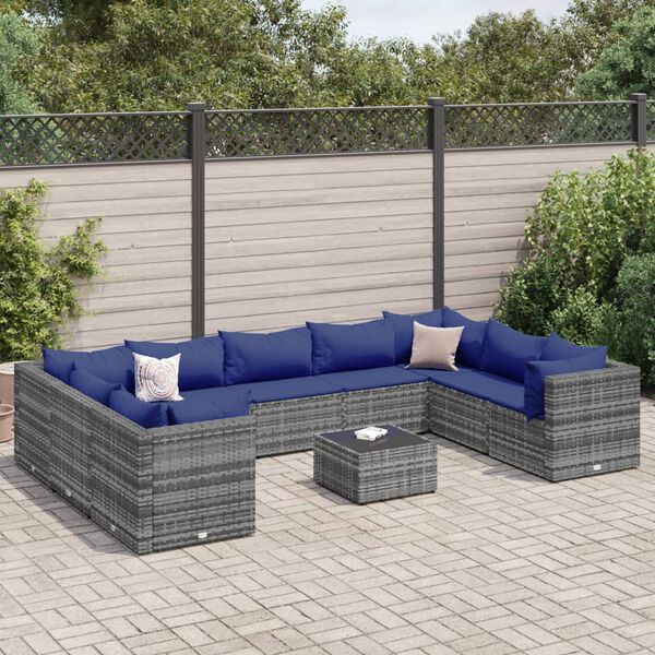 vidaXL 10-tlg. Garten-Lounge-Set mit Kissen Grau Poly Rattan