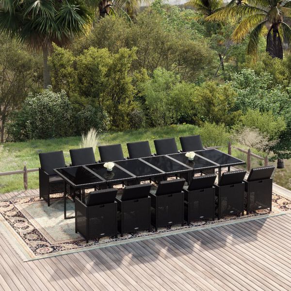 vidaXL 13-tlg. Garten-Essgruppe mit Kissen Poly Rattan Schwarz