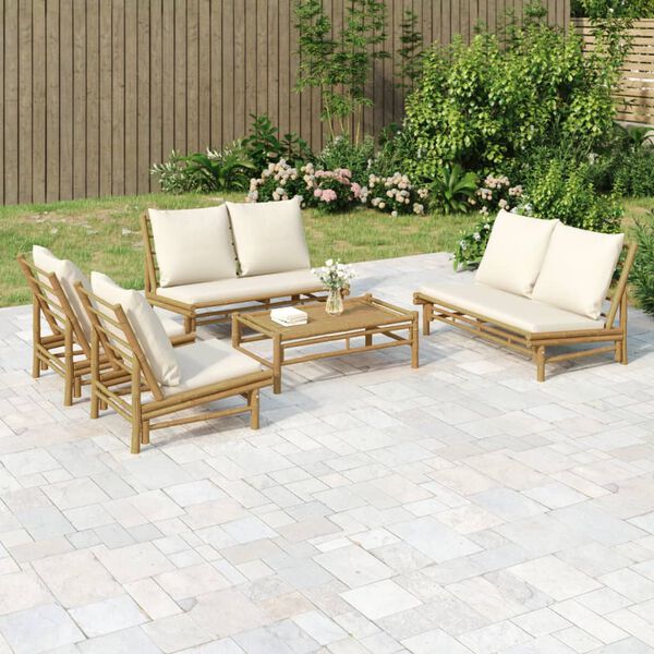 vidaXL 5-tlg. Garten-Lounge-Set mit Cremewei&szlig;en Kissen Bambus