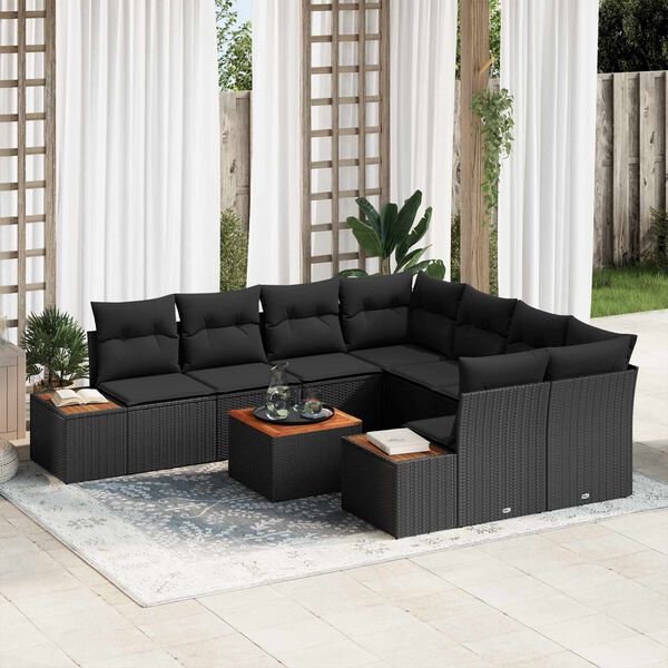 vidaXL Garten-Sofa-Set mit Kissen 9 pcs Schwarz Poly Rattan