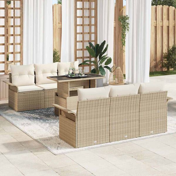 vidaXL Garten-Sofa-Set mit Kissen mit Speicher 7 pcs Beige Poly Rattan