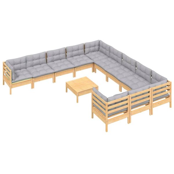 vidaXL 12-tlg. Garten-Lounge-Set mit Grauen Kissen Kiefernholz
