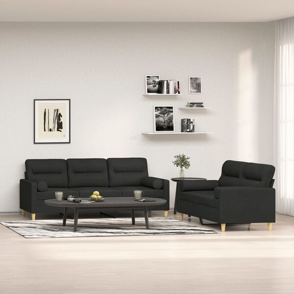 vidaXL 2-tlg. Sofagarnitur mit Kissen Schwarz Stoff