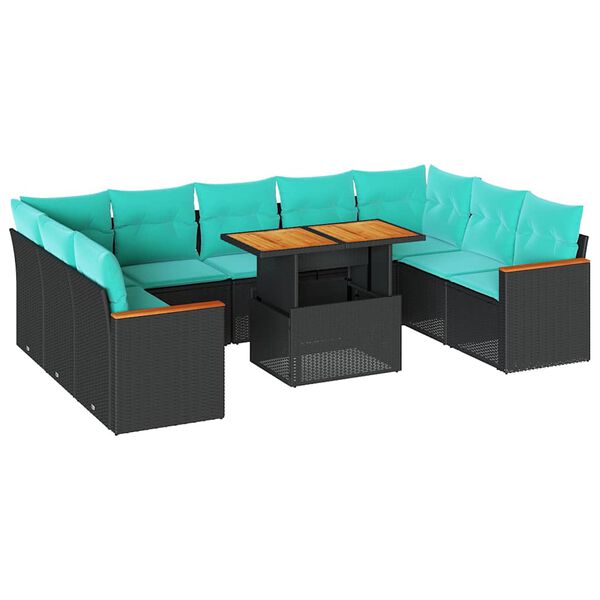 vidaXL 10-tlg. Garten-Sofagarnitur mit Kissen Schwarz Poly Rattan