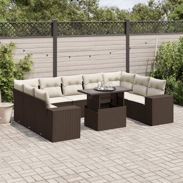 vidaXL 10-tlg. Garten-Sofagarnitur mit Kissen Braun Poly Rattan