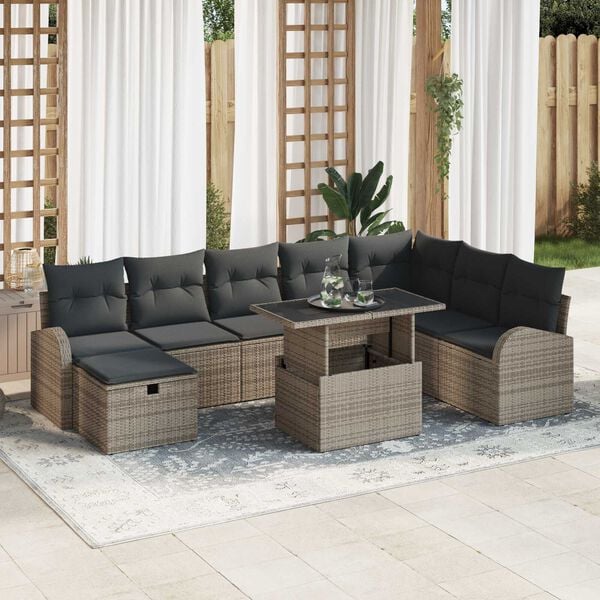 vidaXL Garten-Sofa-Set mit Kissen mit Speicher 9 pcs Grau Poly Rattan