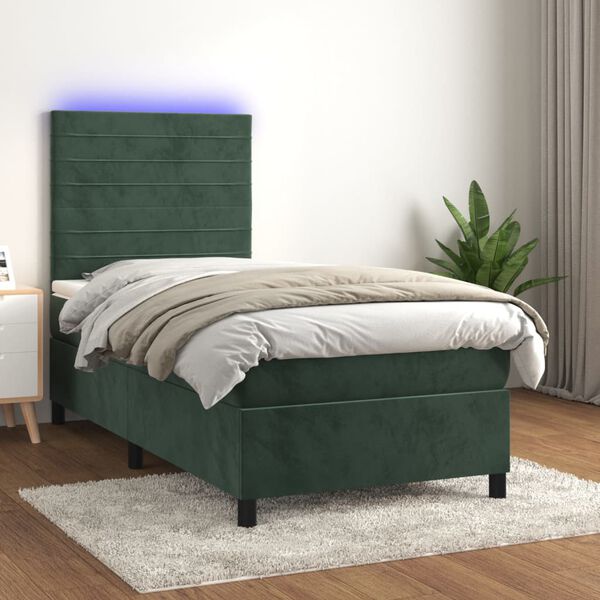 vidaXL Boxspringbett mit Matratze & LED Dunkelgr&uuml;n 90x200 cm Samt