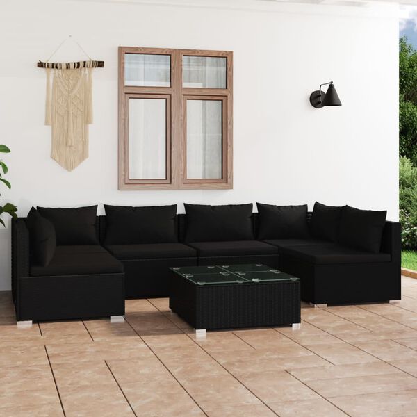 vidaXL 7-tlg. Garten-Lounge-Set mit Kissen Poly Rattan Schwarz