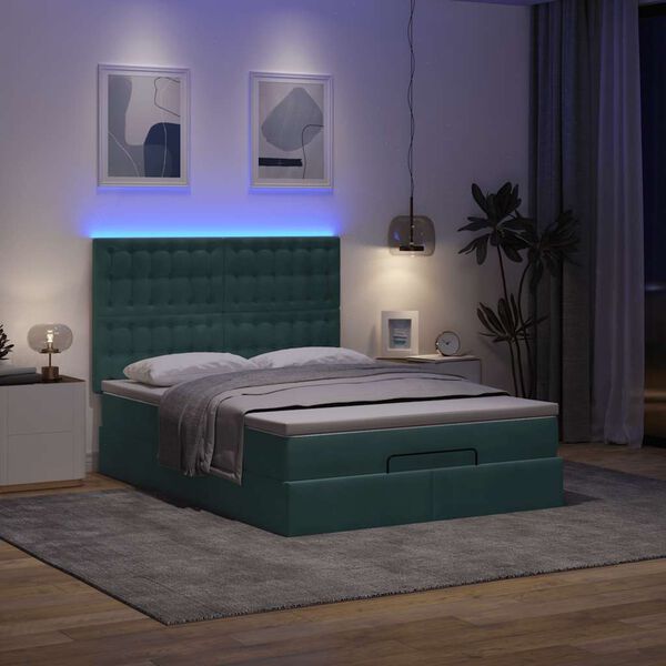 vidaXL Ottoman-Bett mit Matratzen & LEDs Dunkelgr&uuml;n 140x200 cm Samt