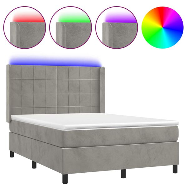 vidaXL Boxspringbett mit Matratze & LED Hellgrau 140x190 cm Samt