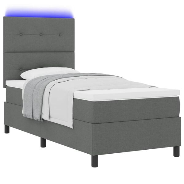 vidaXL Boxspringbett mit Matratze mit LED Dunkelgrau 90 x 190 cm Stoff