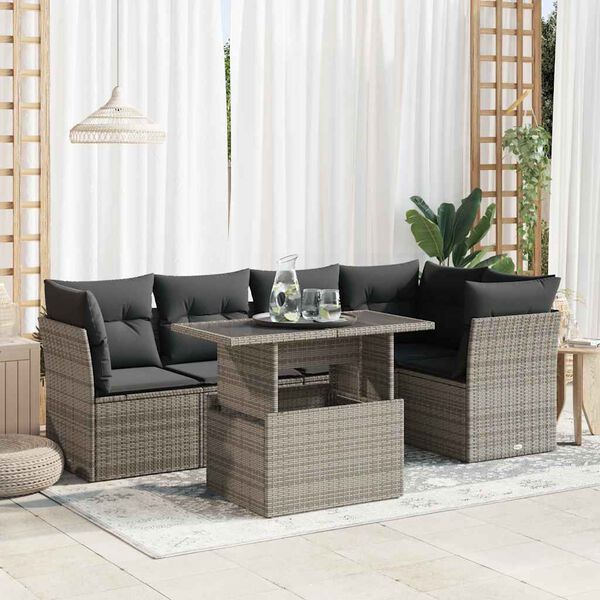 vidaXL 6-tlg. Garten-Sofagarnitur mit Kissen Grau Poly Rattan