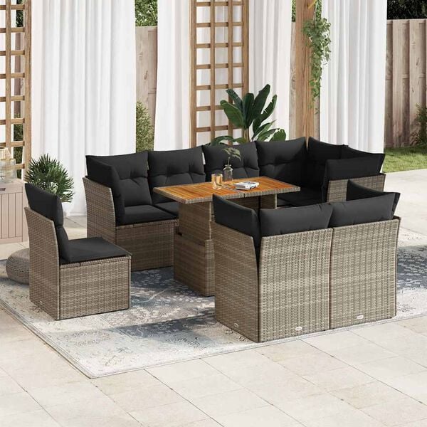 vidaXL 9-tlg. Garten-Sofagarnitur mit Kissen Grau Poly Rattan