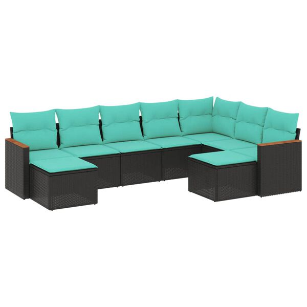 vidaXL 9-teiliges Gartensofa-Set mit Kissen, schwarzes Polyrattan