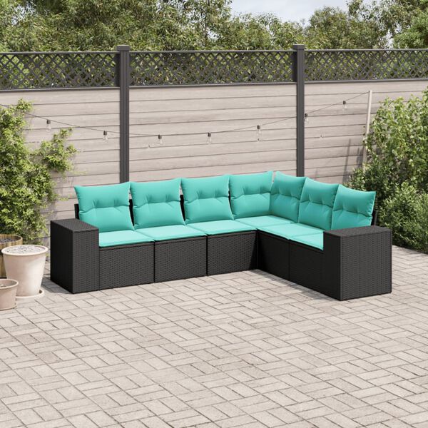 vidaXL 6-teiliges Gartensofa-Set mit Kissen, schwarzes Polyrattan