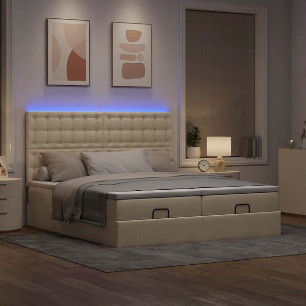 vidaXL Ottoman-Bett mit Matratzen & LEDs Creme 200x200 cm Stoff