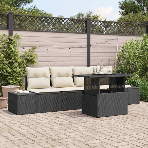 vidaXL Sofa Set mit Kissen 5 pcs Schwarz und Creme Poly-Rattan