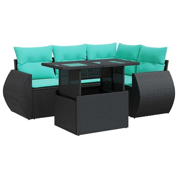 vidaXL 5tlg. Garten-Sofagarnitur mit Kissen Schwarz Poly Rattan Akazie